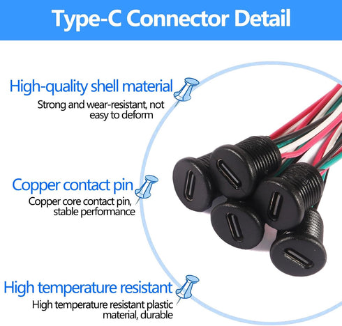 15PCS USB-C Charging Connector, Type-C Female Chassis 4 Pin Socket Waterproof Pigtail Cable Extension Power Cable 3A