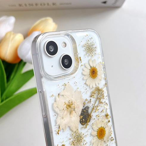 Clear Case for iPhone 13/14/15 with Pressed Real Flowers Design, Glitter Cute White Floral Pattern Soft TPU Cover