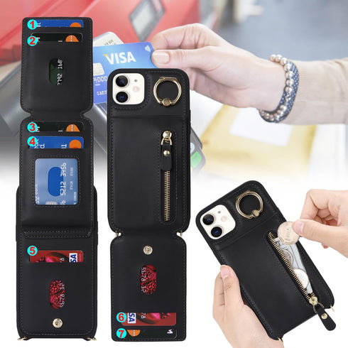 iPhone 12 Case Wallet with Card Holder for Women, Crossbody with Strap, Kickstand Zipper Case - Black