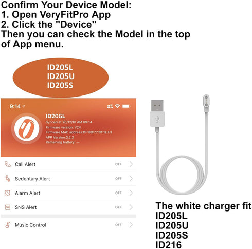 FitTurn Charger for ID205L ID205U ID205S or SW021 Smart Watch, Magnetic USB Charging Cable - Black, White