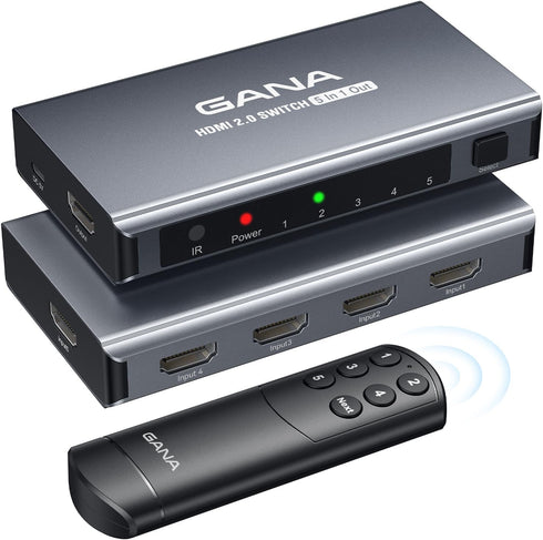 GANA HDMI Switch 5 in 1 Out 4K@60Hz, HDMI Splitter Switcher with Remote, Compatible with Xbox, PS5, Blu-Ray Player