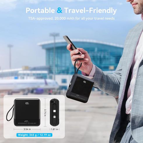 Ecosonique 20000mAh Power Bank, 33W Max Fast Charging Portable Charger with Built-in Cables for iPhone, Samsung, Android