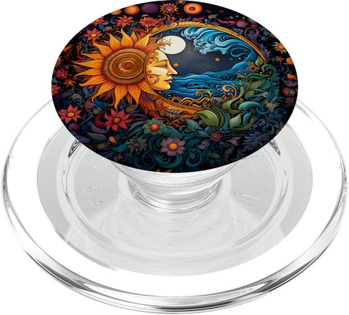 PopSockets MagSafe PopGrip for iPhone - Sun and Moon Boho Inspired Sunflower Floral Illustration
