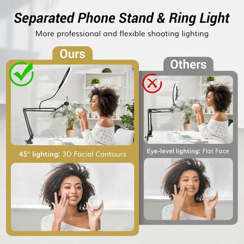 TONOR Overhead Ring Light Kit, 10" Ringlight with Heavy Duty Boom Arm and Phone Holder