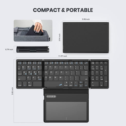 Foldable Bluetooth Keyboard, Portable Full Size with Touchpad, Wireless Travel Keyboard for Windows, iOS, Android