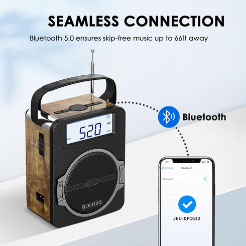 Radio Portable AM FM Digital Clock Radio with Bluetooth, 5 Watts Loud Speaker, Rechargeable, Best Reception for Home