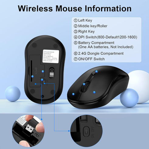 ABCPOW 2.4GHz 3 4 1600 Wireless Mouse for Laptop Computer Mouse Wireless, Computer Mice Adjustable DPI Office Cordless