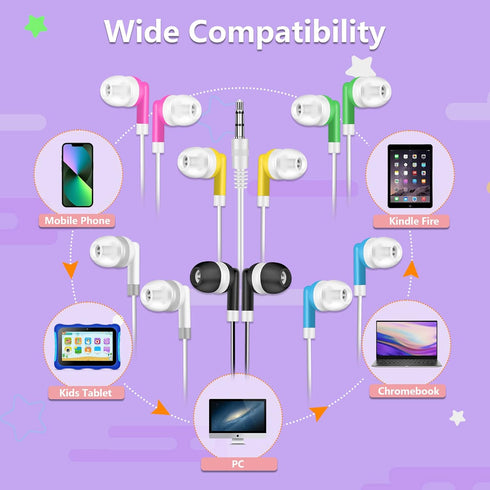 50 Pack (6 Kids Bulk Earbuds Headphones Multi Colored Wholesale Wired Earphones Perfect for School Classroom Libraries