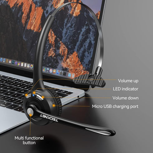 TECKNET Bluetooth Headset, Wireless On-Ear Headphones with Noise Cancelling Mic for Work, Trucker, PC, Office, Call