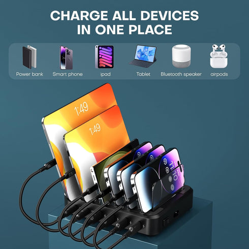 Charging Station for Multiple Devices - 65W 6 Port USB C Charger with 2 20W PD Ports, Short Cables Included
