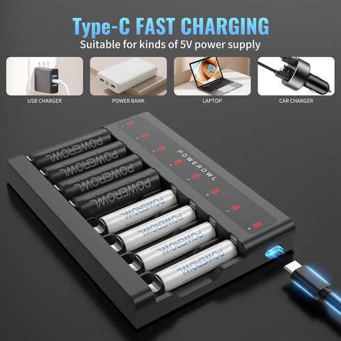 POWEROWL AA AAA Battery Charger 8 Bay, USB Fast Charging for Ni-MH Ni-CD Rechargeable Batteries
