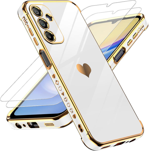 LeYi Galaxy A15 5G Case: Cute Luxury Soft TPU, Tempered Glass Protector & Full Camera Lens Protection, White.