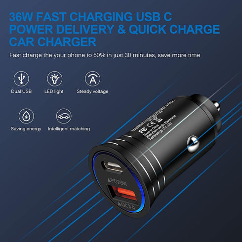 USB C Car Charger, 38W Fast Charge Adapter PD&QC 3.0 Dual Port Cigarette Lighter USB Plug for iPhone 15 14 13 12 11 Pro
