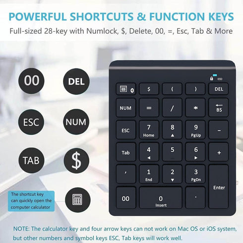 Bluetooth Number Pad for Laptop, Wireless Numeric keypad, 28 Keys Numpad Number Keypad Bluetooth 10 Keys Number Pad for Laptop, MacBook Air/Pro, iMac, Surface Pro, etc