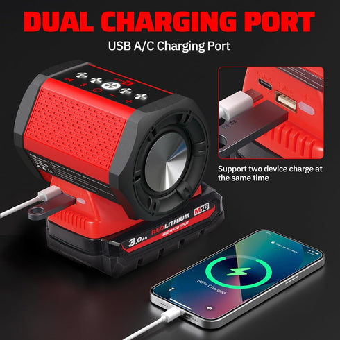 ohyes Bluetooth Speaker, Compatible with Milwaukee M18 Battery Packs, USB-A/C Charging for Jobsite, Camping & Parties