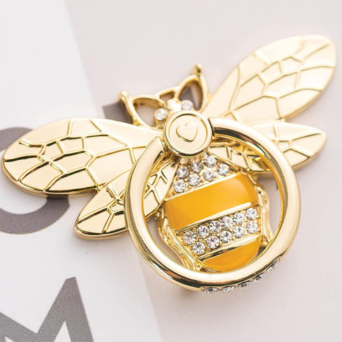 Allengel Stylish Phone Ring Grip Holder Stand, Bee Finger Holder Kickstand for iPhone & Android, Gold & Crystal