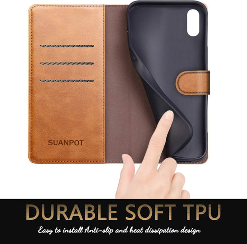 SUANPOT RFID Leather Wallet Case for iPhone X/XS 5.8" - Shockproof Flip Folio Cover, Card Holder, Light Brown