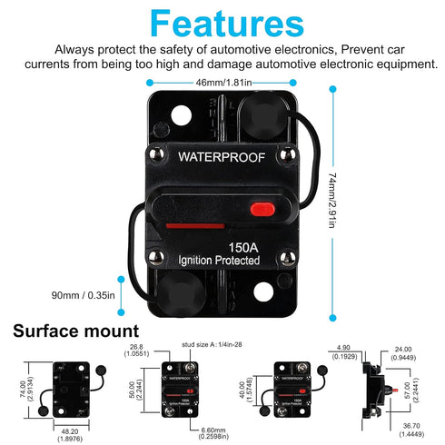 150 AMP Fuse Holders - Audio Circuit Breaker, Reset Fuse Inverter, 12V-48V DC Fuse Holder, Replace Fuses with Reset