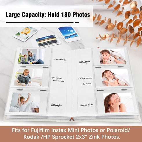 Photo Album for Fujifilm Instax Mini Camera, 180 Pockets, Leather Cover, 2x3 Photo Album for Instax Mini Series