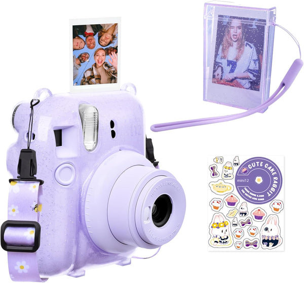 Glitter Clear Case for Fujifilm/Polaroid Instax Mini 12 Instant Camera, Upgraded Glitter Case with Accessories - Purple
