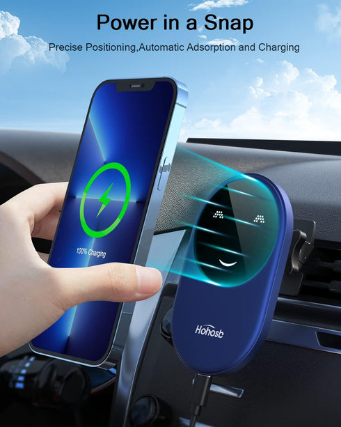 Magnetic Wireless Car Charger Compatible with iPhone 14/13/12 Series, Fast Charging Air Vent Phone Holder, Blue