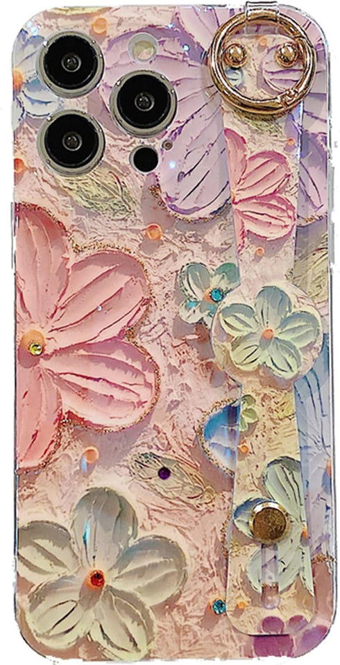 Siduater Hand Strap Holder Case for iPhone 13 Pro Max 6.7" with Kickstand, Adjustable Grip Loop, Floral Pink