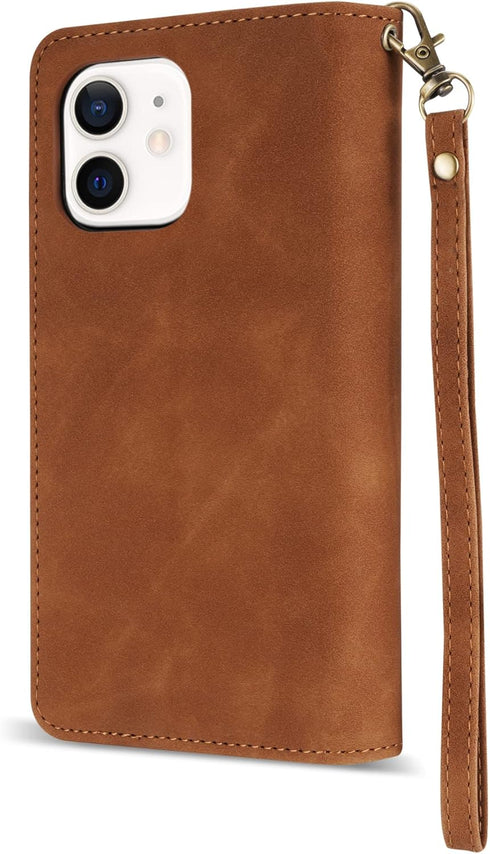 ZZXX for iPhone 12 Mini Wallet Case with Card Slot, Premium Soft PU Leather Zipper Flip Folio Wallet (Brown)