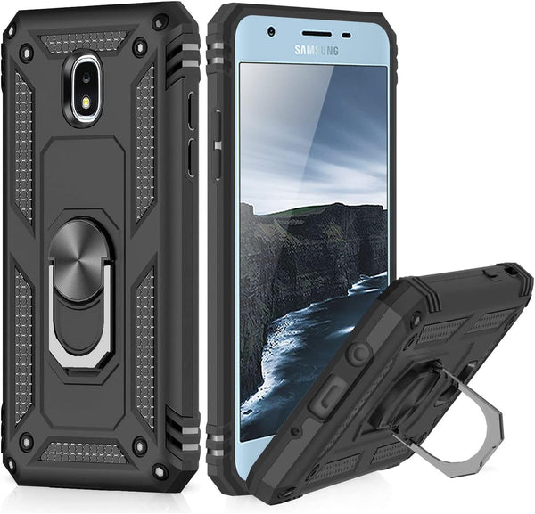 TJS Phone Case for Samsung Galaxy J7, Metal Ring Magnetic Support Protector Cover (Black)
