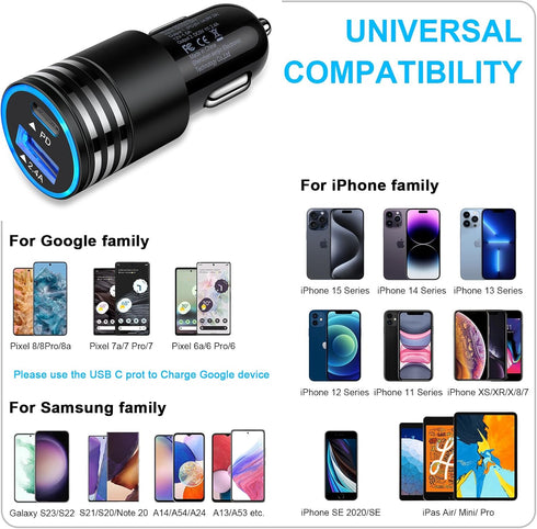 USB C Car Charger, 30W Fast Phone Charger Adapter with 3FT USB C to USB C Cable for iPhone 15/15 Pro/Plus/Samsung