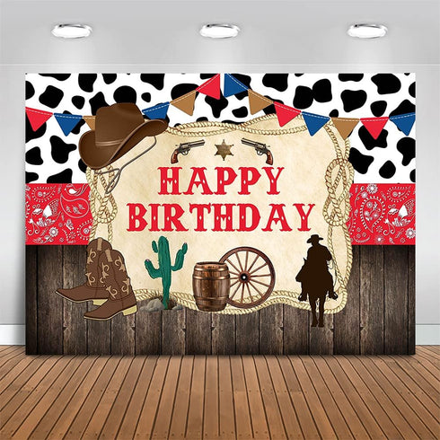 Mocsicka Western Cowboy Happy Birthday Backdrop, Rustic Old West Rodeo Banner (7x5ft, 82x60 inch) Decoration