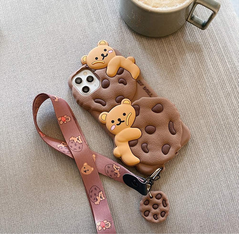 Yatchen iPhone 12 Pro Max Case, Bear Cookie Silicone Protective Cover with Strap Lanyard, Cartoon Kawaii for Women Girls