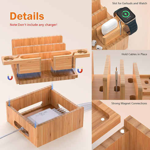 Pezin & Hulin Bamboo Charging Station Organizer for Multiple Devices, Desktop Docking Station with 5 Cables, NO Charger