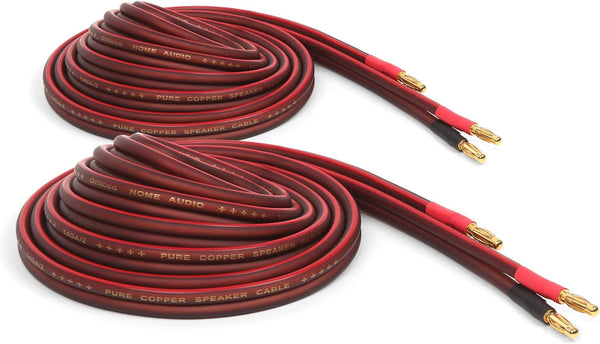 Micca 14 Gauge Pure Copper Speaker Wire, 6 Feet 2 Pack with Gold Plated Banana Plugs, Slim Design for Home Theater