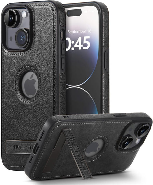 Leather Case for iPhone 14 Plus, Slim Protective with Kickstand, Built-in Invisible Stand, Black