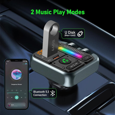Bluetooth 5.3 FM Transmitter Car Adapter - SOARUN Car Charger 57W, Wireless FM Radio Transmitter, Hands-Free Calling