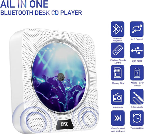 Portable CD Player with Bluetooth, Wall Mountable, FM Radio, Built-in Speakers, USB Port, AUX Input