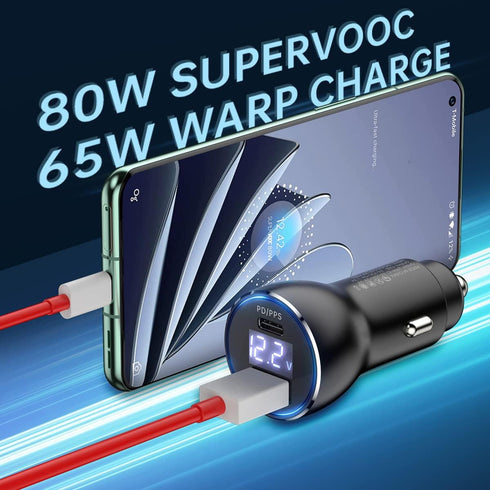 for Oneplus Car Charger 80W SuperVooc Warp Charge 65W Car Charger for Oneplus 12 12R 11 10 Pro 9 10T 10R 8T 8 7T 7 6T 9R Open Nord 2T CE 2 Lite N20 N10 N100, 25W PD PPS USB C Port 3.3ft Fast Cable