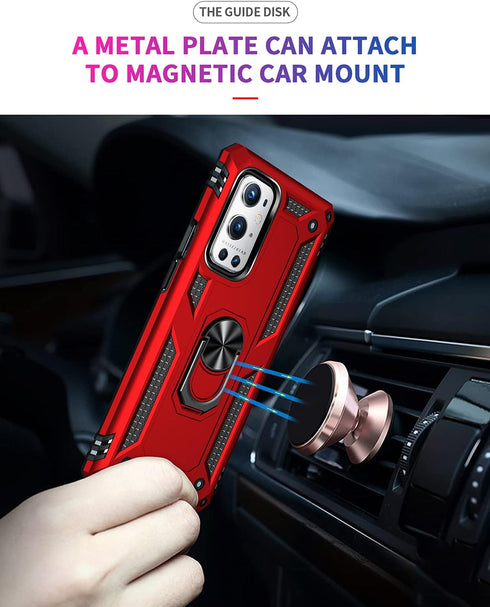Military Grade Shockproof Case for Oneplus 9 Pro, 360 Metal Rotating Ring Kickstand Holder, Heavy Duty Red