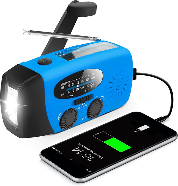 Emergency Hand Crank Radio with LED Flashlight, AM/FM Portable Weather Radio, 2000mAh Power Bank Phone Charger (Blue)
