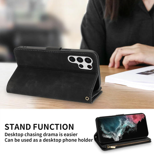 ZZXX Wallet Case for Samsung Galaxy S22 Ultra, Premium Soft PU Leather Zipper Flip Folio with Card Slot, Black