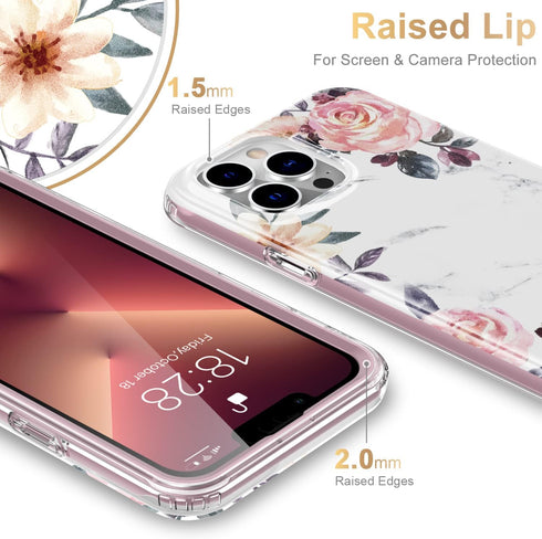 Esdot for iPhone 13 Pro Max Case with Built-in Screen Protector, Military Grade Cover, Pink Flowers Leaves
