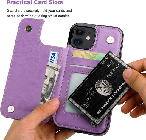 Vaburs Wallet Case for iPhone 12 and iPhone 12 Pro, Embossed Mandala Pattern PU Leather with Card Holder, Purple