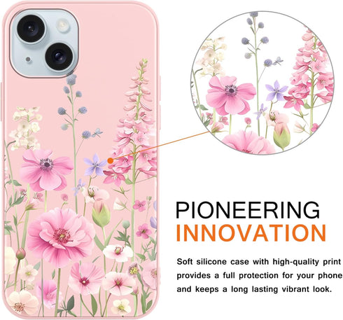 lioscre 2 Pack 15 6.1'', Cute Floral Phone Case for iPhone Flower Pattern Print Aesthetic Design Soft Pink Silicone