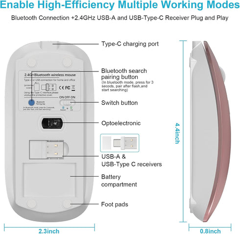 Bluetooth Wireless Mouse for MacBook Air Pro, Rechargeable Silent Optical Mouse with Dual Mode Switch Rose Gold
