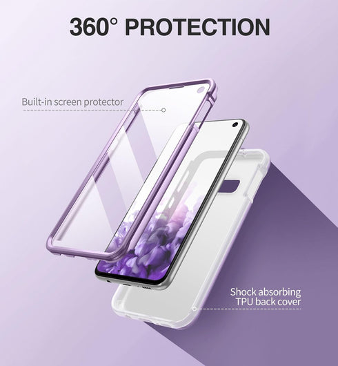 SURITCH 360 Protective Case for Samsung Galaxy S10e, Matte Purple, Rugged Hybrid Bumper, Built-in Screen Protector,