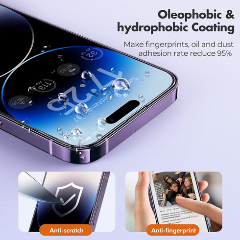 UNBREAKcable iPhone 14 Pro Screen Protector 3-Pack, 9H Hardness, 99.99% HD Clear, Case Friendly, Easy Install Frame.