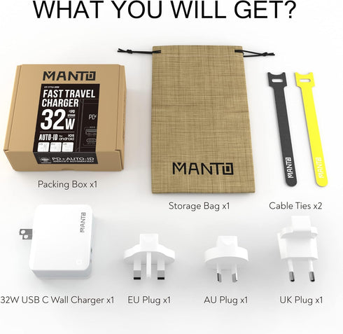 USB C Charger, MANTO 30W 2 Port PD Fast Charger with 20W USB-C Power Adapter, Foldable International Travel Adapter for