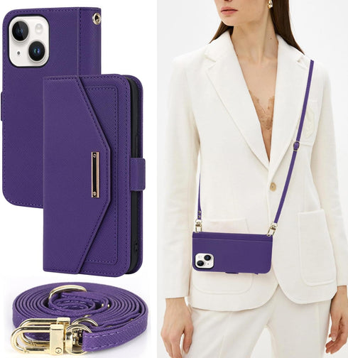 ANSHOW Crossbody Purse Case for iPhone 15 with Leather Wallet & Card Slots,