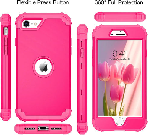 BENTOBEN iPhone SE 2022/2020 Case, Heavy Duty 3-in-1 Rugged Shockproof Cover, Hot Pink for Girls & Boys.