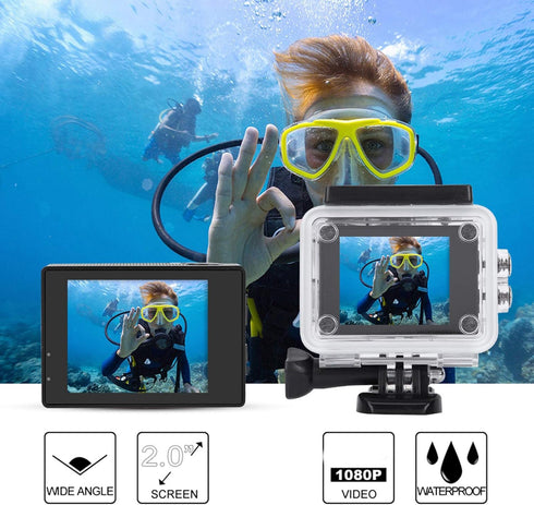 Action Camera 1080P 12MP Sports Camera Wide Angle Lens Full HD 2.0 Inch TFT LCD HD Screen Action Cam with 30m/98ft Underwater Waterproof for Outdoor Sport/Vlog/Video/Snorkel Surf (black)